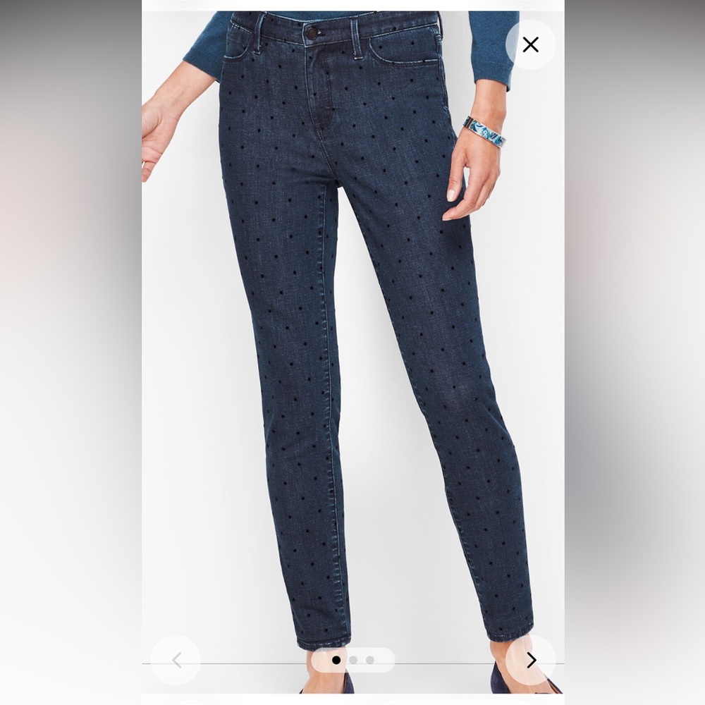 Talbots Blue Crop High Waisted Jeggings with textured black polka dot on denim